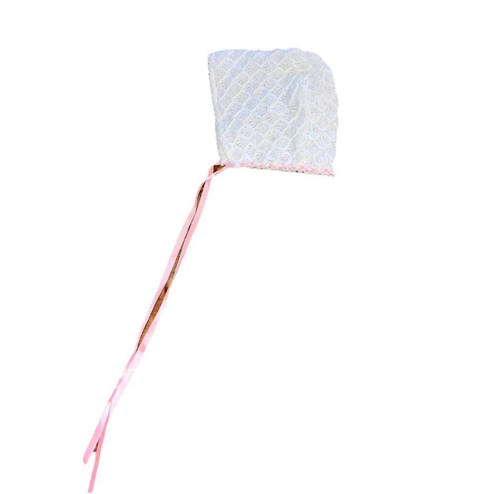 Vintage 80s Handmade White Crochet Baby Bonnet Cap w/ Pink Ribbon Ties Coquette